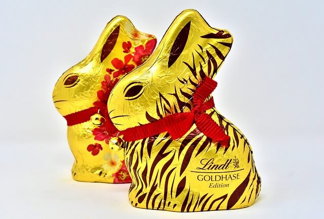 Two chocolate bunnies with red ribbons

Description automatically generated